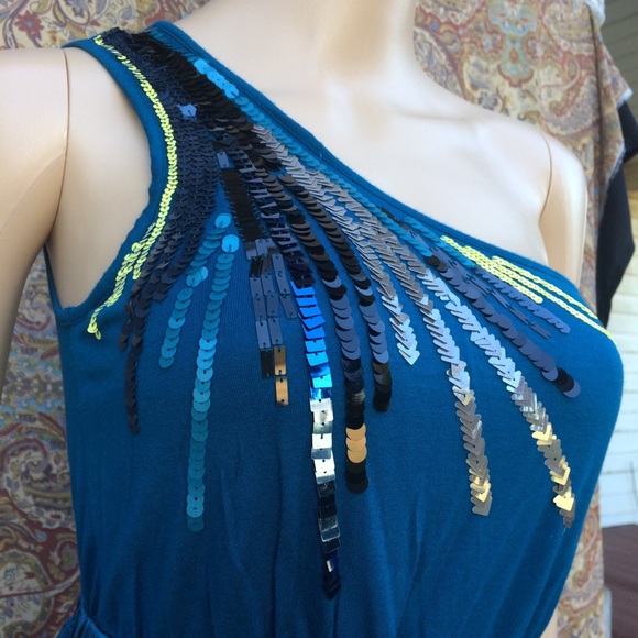 Jodi Arnold-The Limited Silk & Sequins One Shoulder Cocktail Mini dress, sz 4 - Picture 2 of 6